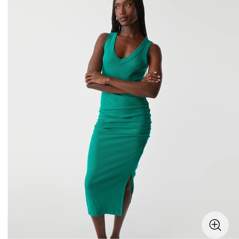Michael Stars Green Lori V-Neck Ruched Midi Dress, Large